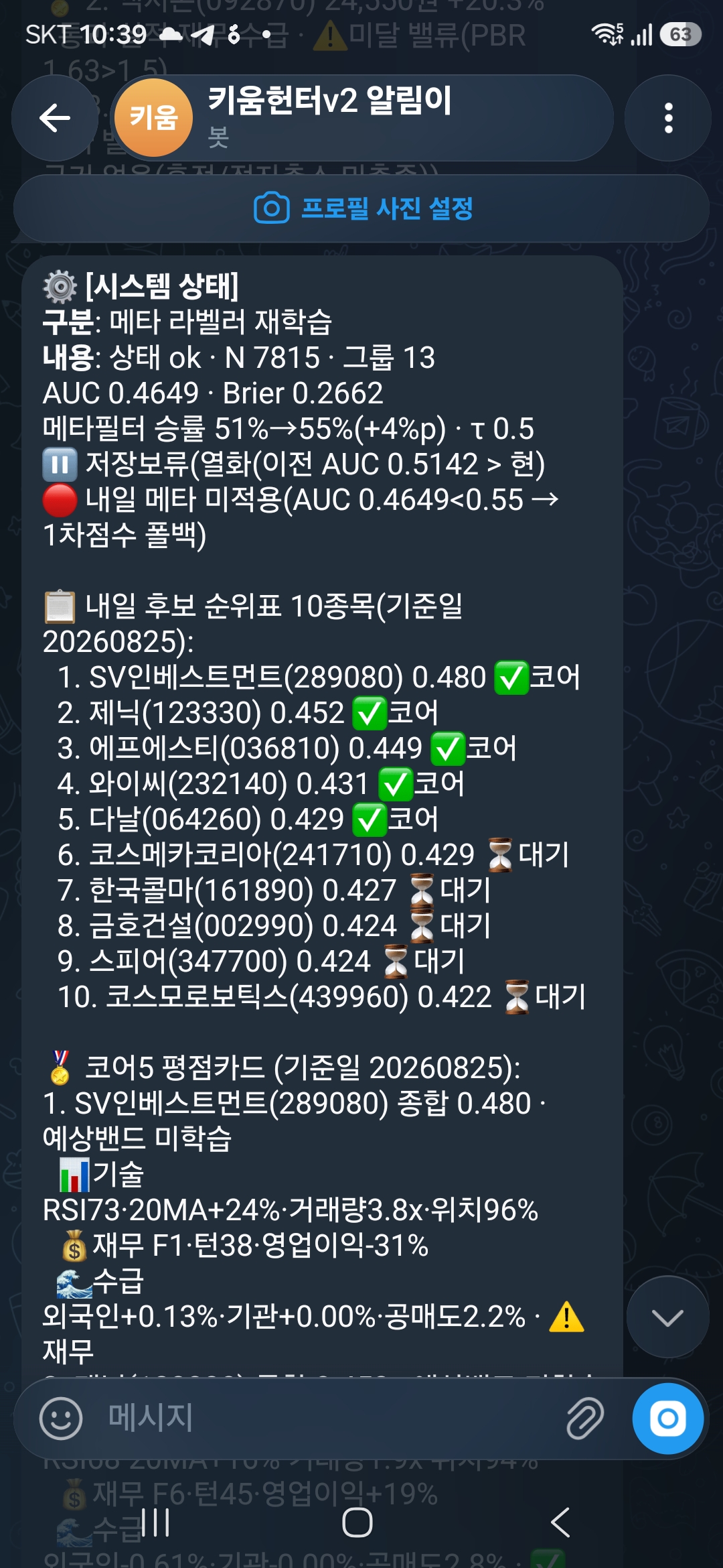 자동매매 봇의 코어 5종목 평점 카드 — RSI, 20일 이동평균, 거래량, 재무 지표, 수급을 종합한 점수